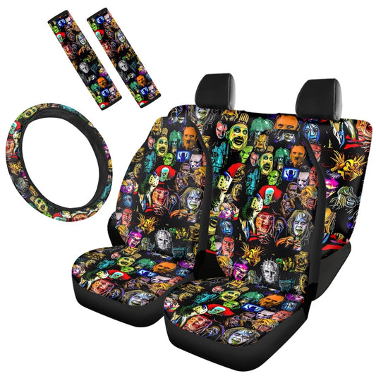 Horror Movie Killer Print Car Cushion Cover Seat Belt Cover Non-Slip Steering Wheel Cover Full Set Car Seat Halloween Decoration