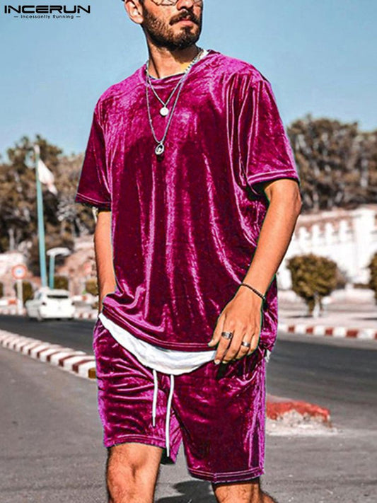 INCERUN Men Casual Sets Velour Solid Color O-neck Short Sleeve T Shirt & Drawstring Shorts Two Pieces 2023 Streetwear Men Suits