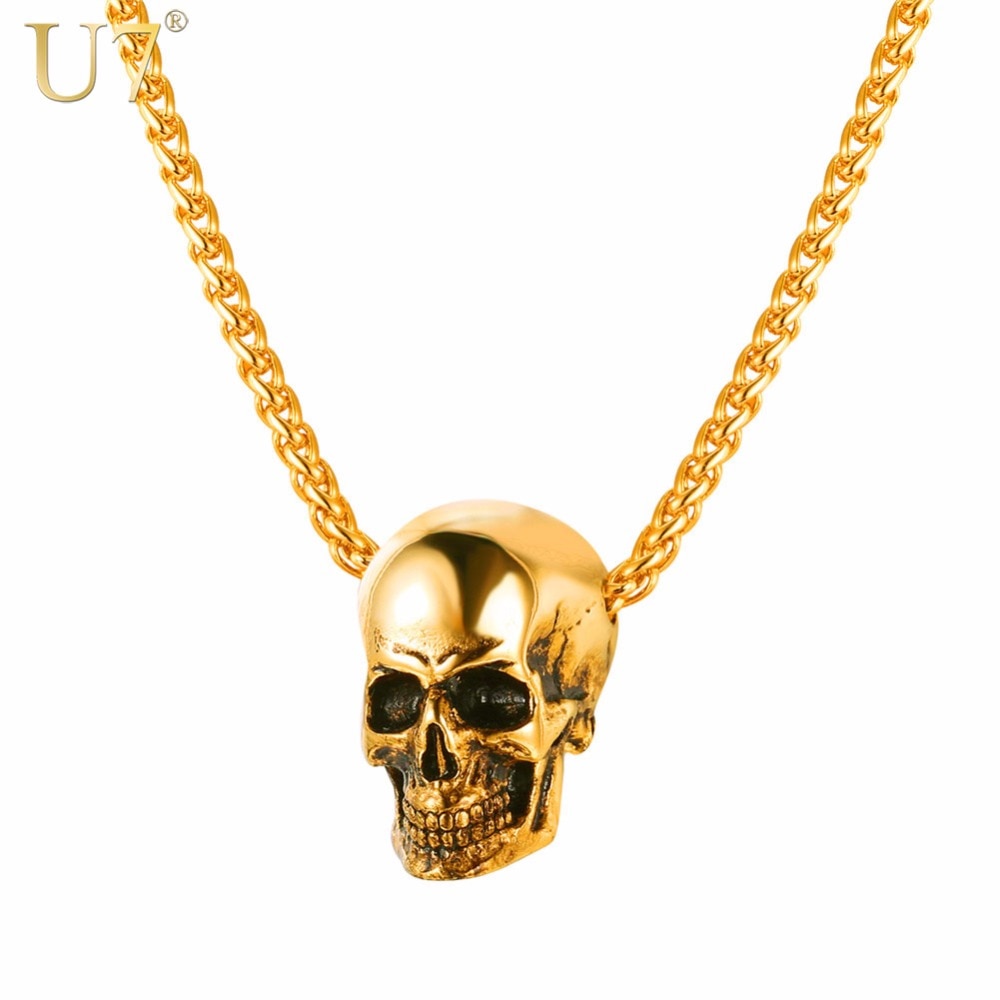 U7 Halloween Skull Necklace Pendant Skeleton Men Necklaces Gift Punk Gothic Goth Stainless Steel Mens Jewelry