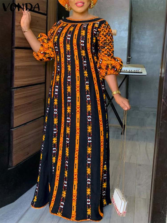 VONDA Plus Size 5XL Dress Women Long Maxi Sundress 2023 O-Neck Printed Casual Bohemian Robe Femme Lantern Sleeve Party Vestido