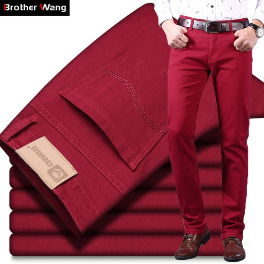 Classic Style Men's Wine Red Jeans Fashion Business Casual Straight Denim Stretch Trousers Male Brand Pants