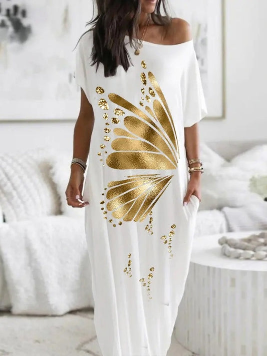 Elegant Off Shoulder Loose Long Dress Vintage Pattern Printed Pullover Party Dress Women Casual Short Sleeve Pocket Maxi Dresses