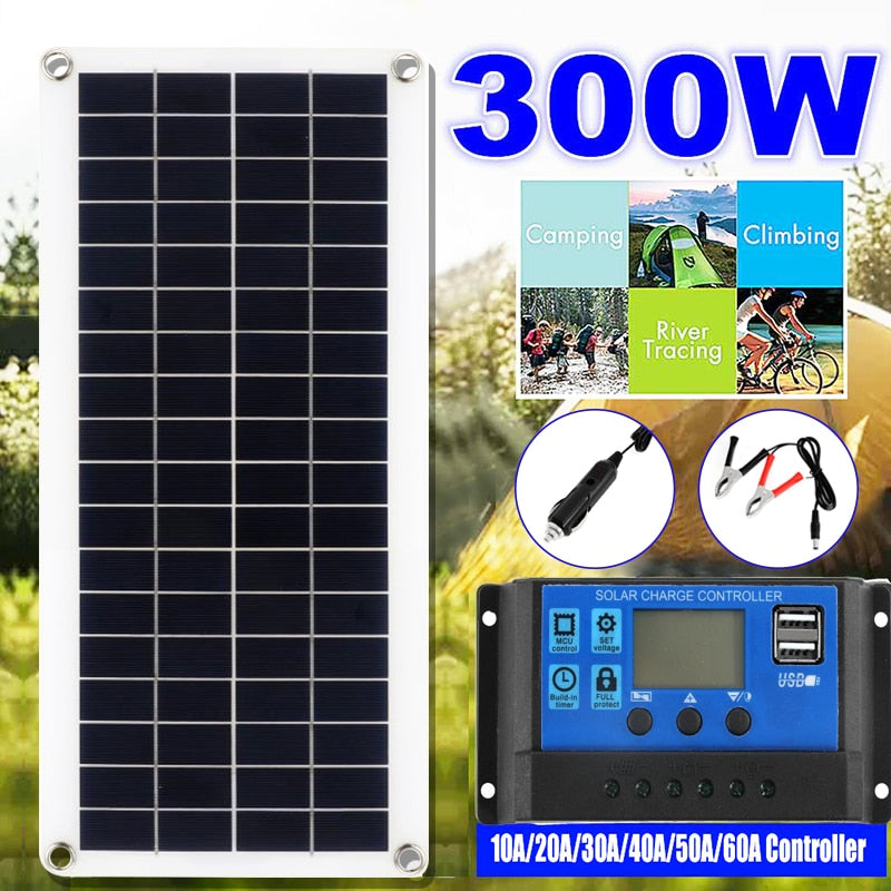 300W Solar Panel Kit Complete 12V USB With 10-60A Controller Solar Cells for Car Yacht RV Boat Moblie Phone Battery Charger