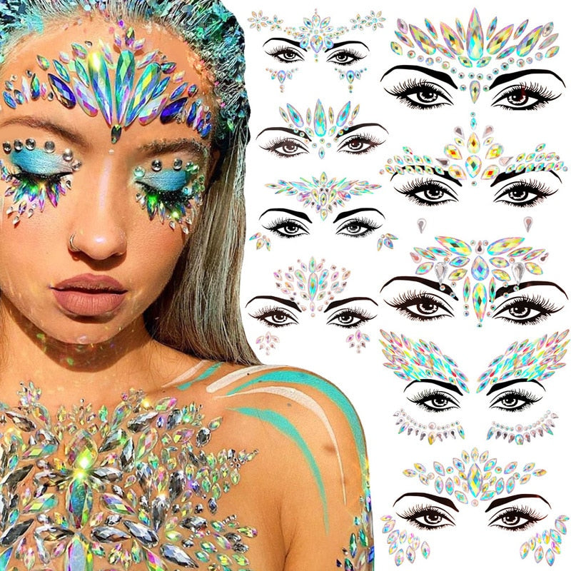 3D Acrylic Glitter Rhinestone Temporary Sexy Face Tattoo Sticker DIY Kids Holiday Party Masquerade Body Facial Jewelry Tattoo