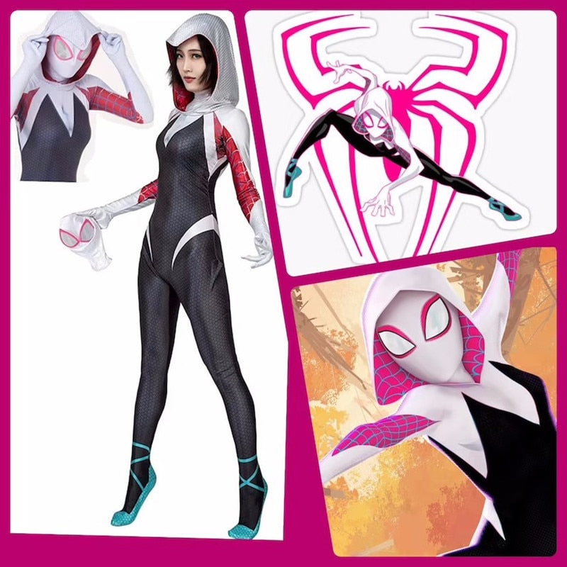 Cafele New Gwen Stacy Spider Gwen Cosplay Costumes for Women Kids Jumpsuits Halloween Party Props Costume Detached Mask