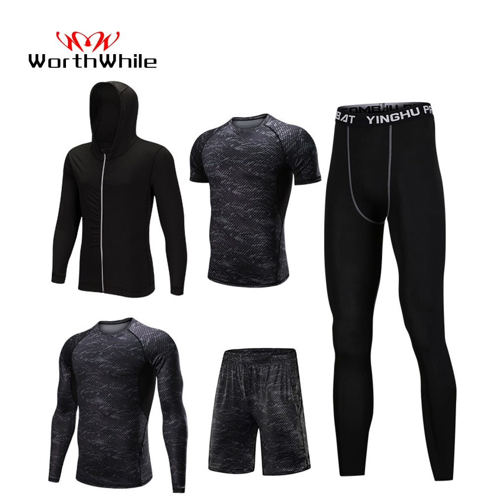 WorthWhile 5 Pcs/Set Men's Tracksuit Compression Sports Wear for Men Gym Fitness Exercise Workout Tights Running Jogging Suits