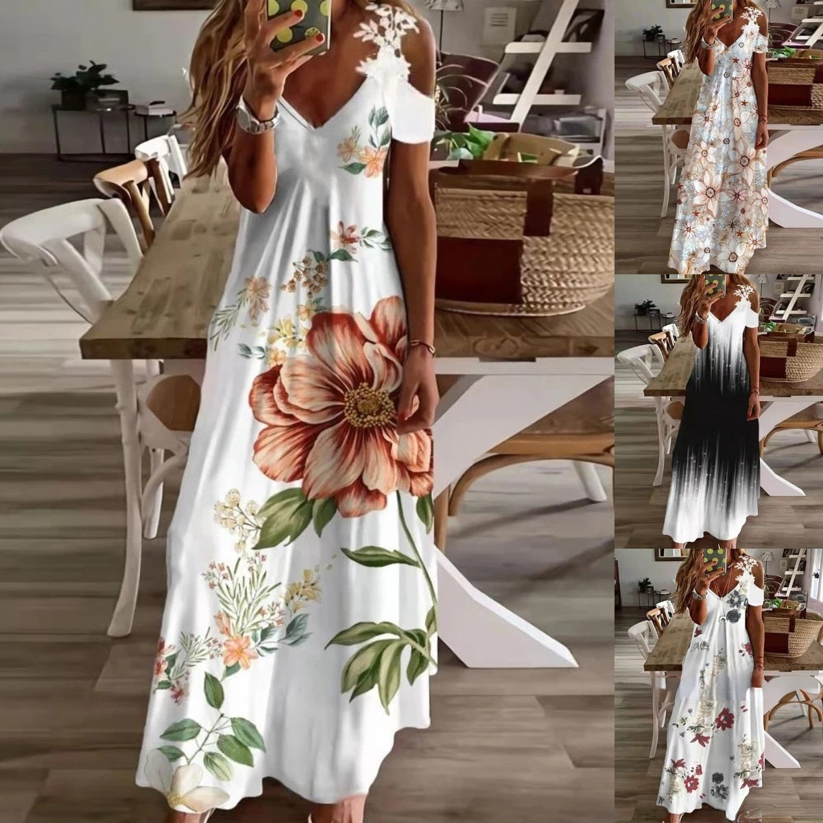 Sexy Spaghetti Strap Long Dress Women Summer Floral V Neck Hollow Out Boho Maxi Dresses Casual Beach Dress Party Robe Vestidos