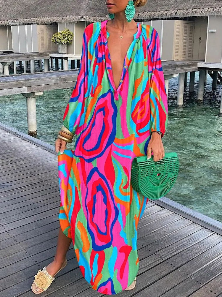 Women Boho Maxi Dress 2023 Summer Sexy Deep V-Neck Long Dresses Vintage Print Long Sleeve Loose Beach Cover Up Female Dress Robe