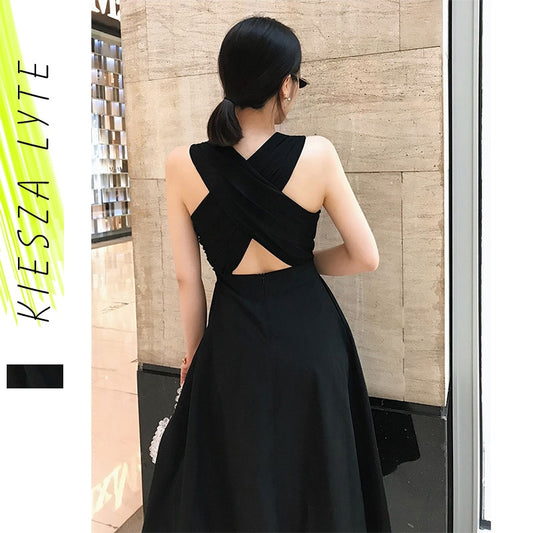 Women Summer Sexy Dress Elegant Hepburn Style Black Sleeveless Back Cross Midi A Line Party Dresses 2023New Fashion Vestidos