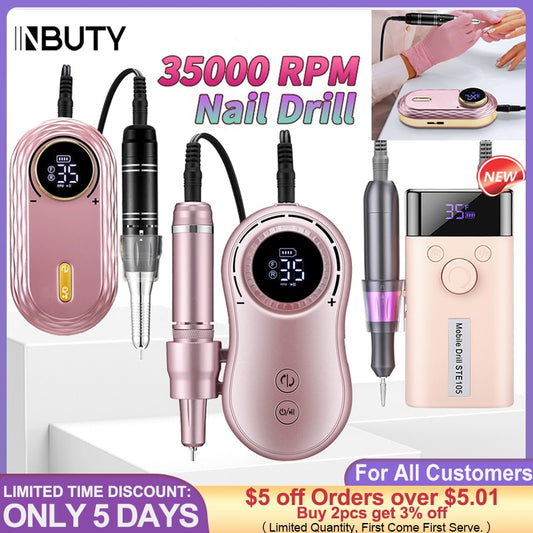 INBUTY 35000RPM Nail Drill Manicure Set Electric Nail Drill Machine Rechargeable Salon Gel Nail Polish Sander Professional Tool