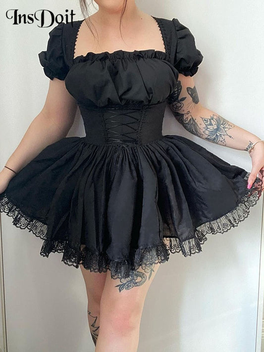 InsDoit Gothic Black Corset Dress Women Harajuku Vintage Lace Aesthetic Lace Up High Waist Mini Dress Punk Elegant A Line Dress